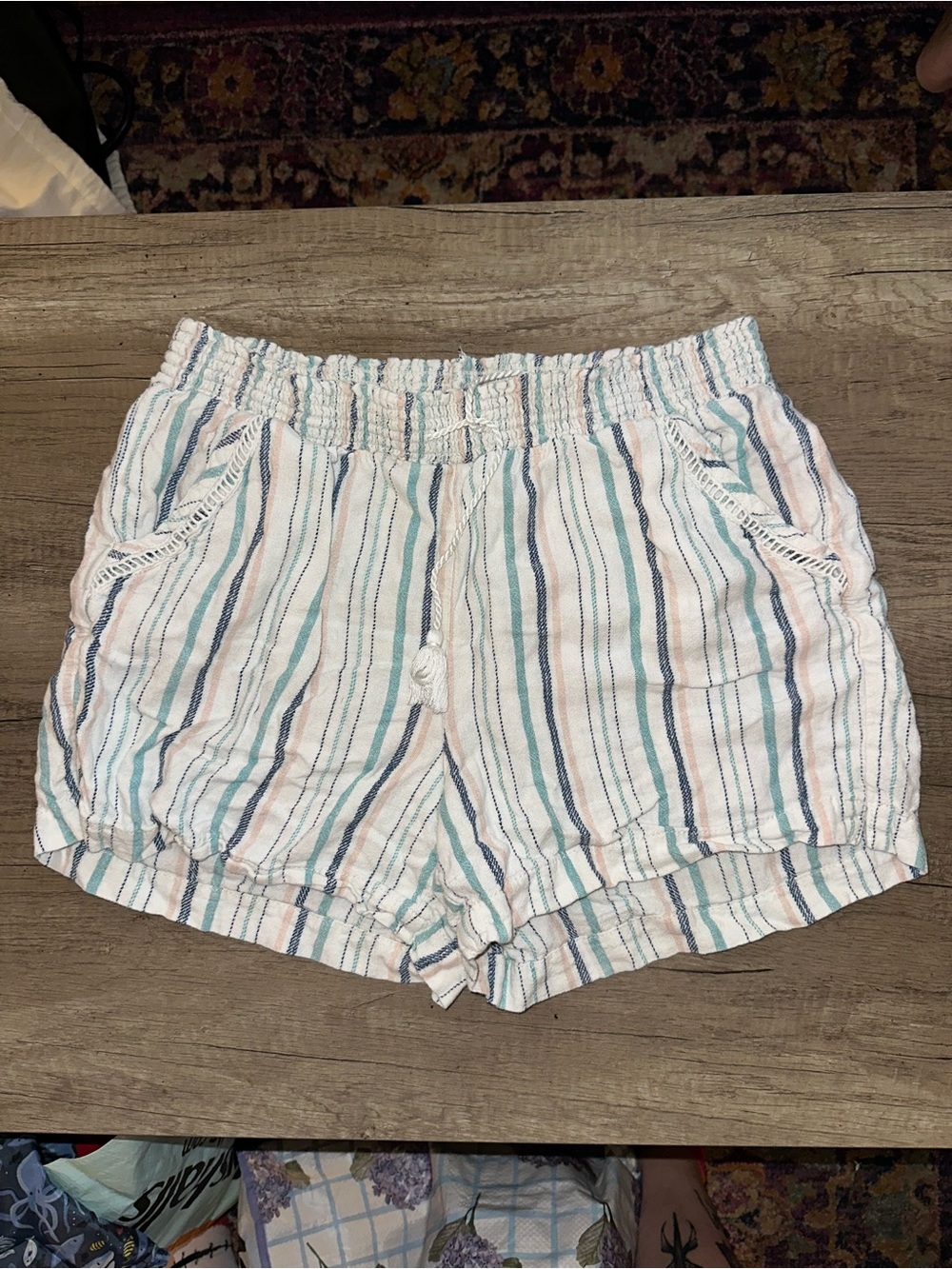 Lightweight Striped Women’s Shorts - White with Blue & Teal Stripes L
